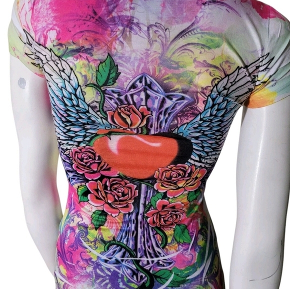 Rose Wing Fleur Scroll Rhinestone Embellished Cap Sleeve Tee T-Shirt - Picture 3 of 8